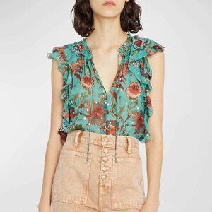 Ulla Johnson Dominique Split-Neck Floral Silk Chiffon Top